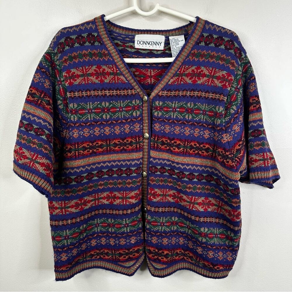 Vintage Grandpa Sweater Donnkenny Multicolor Fair Isle Womens XL 90s Cardigan